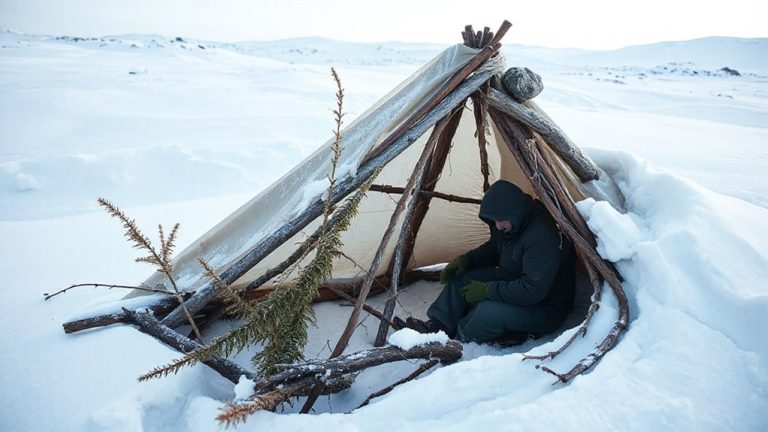 debris hut in snow