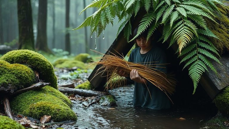 debris hut with ferns