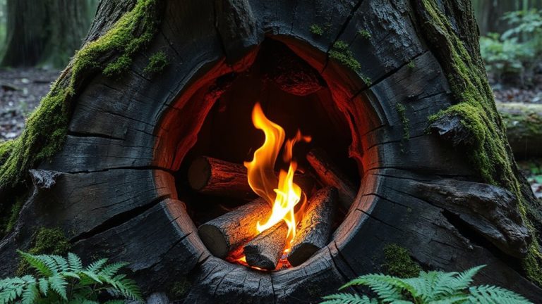 fire in fallen tree cavity