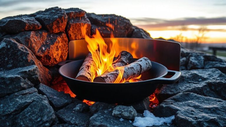 fire on rock with pan and shield