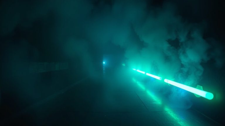 glow sticks mark evacuation paths