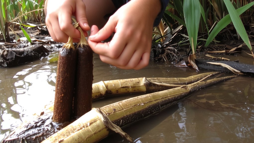 harvest cattail rhizomes in shallow wetlands