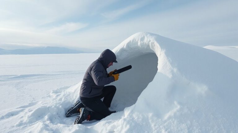 snow cave construction with saw